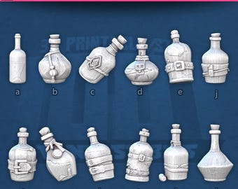 May include: A collection of twelve different bottle designs, each with unique shapes and details. The bottles are labeled with letters from a to l. The word "BOTTLES" is displayed at the top of the image.