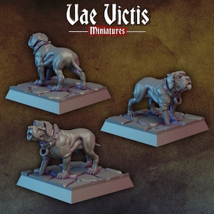 May include: Three miniature grey painted figures of dogs wearing spiked collars and leashes. The dogs are standing on square bases with a stone-like texture.