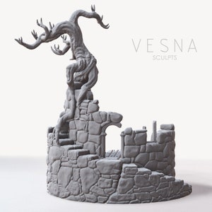 Ruined Tower DnD Dungeons and Dragons 28mm/32mm Wargame Scatter Terrain TTRPG Brick Ruined Tower Dead Tree Miniature Scatter Terrain