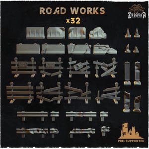 May include: A set of 32 pre-supported 3D printed road work barricade models. The set includes various styles of barricades, including concrete barriers, wooden fences, and metal barriers. The models are designed for use in tabletop games and miniature wargaming.
