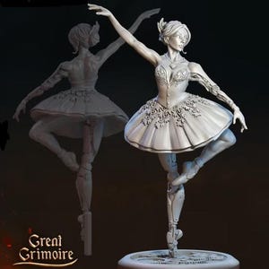May include: A white unpainted resin miniature figurine of a ballerina in a dynamic dance pose. The figure features intricate bodice detailing, a layered tutu, and mechanical prosthetic limbs. The text Great Grimoire is visible at the bottom left.