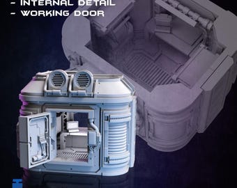 Op de afbeelding: Een 3D-geprint model van een sci-fi tech support pod met een open deur die het interieur laat zien. De pod heeft een grijs en wit kleurenschema en beschikt over details zoals ventilatieopeningen, pijpen en een computerscherm. De tekst "TECH SUPPORT POD - INTERNAL DETAIL - WORKING DOOR" wordt boven de pod weergegeven. De tekst "THE NIGHT MARKET" wordt onder de pod weergegeven.