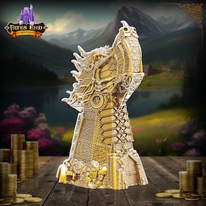 May include: A detailed gold-colored dragon head sculpture with intricate patterns and textures. The sculpture is set against a backdrop of a scenic landscape with a lake and mountains. The logo "Fates End 3D Printables" is visible in the upper left corner.