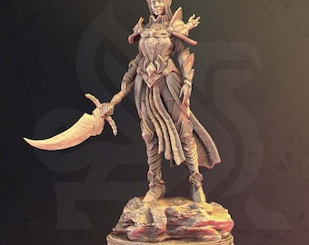 May include: A detailed figurine of an elf warrior, standing on a rocky base. The elf is wearing armor and holding a curved sword. The figurine is painted in shades of brown and gold.