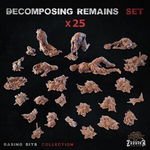 May include: A set of 25 decomposing remains miniatures in various poses. The miniatures are a light brown color and include figures in different stages of decay, perfect for tabletop gaming. The text "DECOMPOSING REMAINS SET" and "x25" is visible at the top.