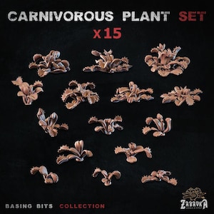 Puede incluir: Un conjunto de 15 plantas carnívoras en miniatura, hechas de resina marrón, para juegos de mesa. El conjunto está etiquetado como "Carnivorous Plant Set x15" y "Basing Bits Collection".