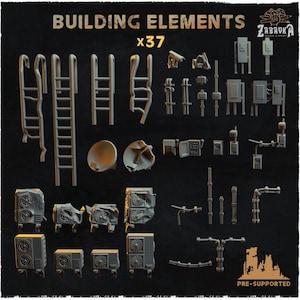 May include: A set of 37 3D printed building elements for miniature gaming or model building. The set includes ladders, pipes, vents, and other architectural details. The elements are pre-supported for easy printing.