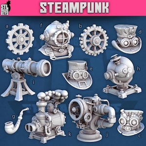 May include: A selection of grey steampunk-style 3D models, featuring cogs, diving helmets, top hats, a telescope, a pipe, and mechanical elements. The word "STEAMPUNK" is displayed in bold, stylized text at the top.