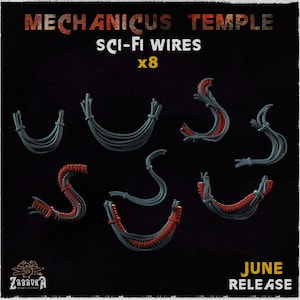 May include: Eight sci-fi wires in various shapes and colors, including red, black, and gray. The wires are arranged on a black background with the text "Mechanicus Temple Sci-Fi Wires x8 June Release" above them.