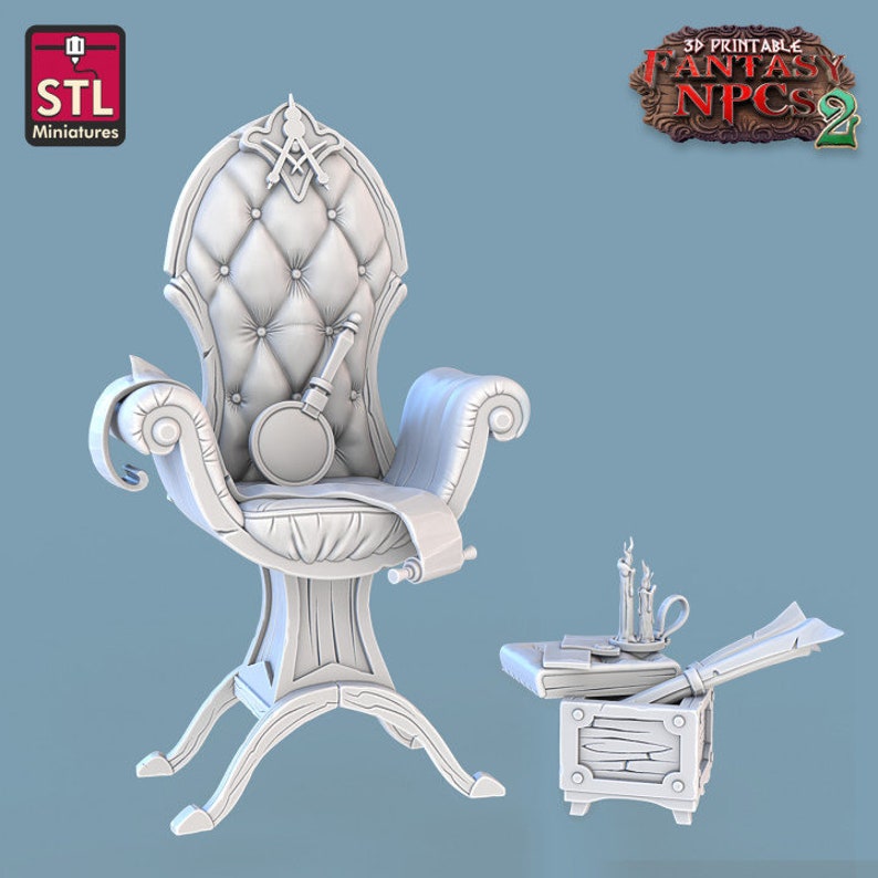 May include: A 3D printable fantasy throne with a white finish. The throne has a high back with a carved design and a padded seat. The throne is decorated with a small, round object and a long, thin object. The throne is sitting on a white surface. A small, white wooden box with a lid is sitting on a white surface. The box has a small, white candle holder on top of it. The box is decorated with a carved design. The text '3D Printable Fantasy NPCs 2' is visible in the top right corner of the image.