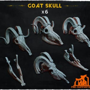 May include: Six detailed gray resin goat skulls with horns, perfect for tabletop gaming or miniature dioramas.  The skulls are pre-supported for 3D printing.