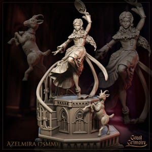 May include: A detailed sculpture of a woman in a flowing dress, holding a tambourine, and dancing on a decorative platform. Two goats are also featured in the scene. The sculpture is labeled "Azelmira (75MM)" and has the "Great Grimoire" logo.