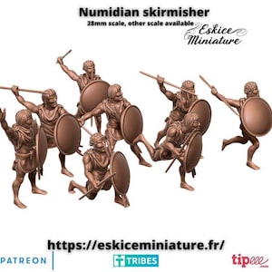May include: A group of brown Numidian skirmisher miniatures, 28mm scale, with shields and spears. The figures are in various action poses, some kneeling or running. Text on the image includes "Numidian skirmisher", "Eskice Miniature", and a website address.