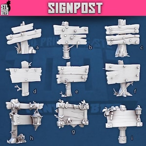 May include: A collection of nine wooden signposts in various designs. The signposts are light-colored, with visible wood grain and are held together with rivets. Some have decorative elements like vines and lanterns. The word "SIGNPOST" is at the top.