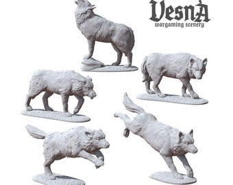 5pc WOLVES PACK Miniatures DnD Dungeons and Dragons DnD Scatter Terrain 28mm/32mm Wild Animal Diorama Scene Animals - VS