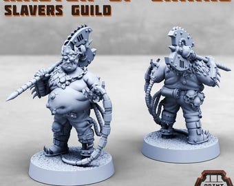 May include: Two grey resin miniature figures of a stout character with a cybernetic eye, fur collar, and mechanical tail, holding a large bladed weapon. The text MASTER OF CHAINS SLAVERS GUILD is at the top, and a PRINT MINIS logo is at the bottom.