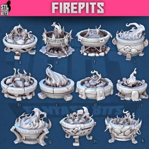 May include: A collection of miniature firepits, each with a unique design. The firepits are gray and feature sculpted flames and various base styles. The image includes the text "FIREPITS" and "STL mini bits".