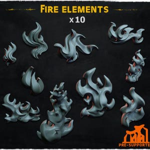 May include: Ten 3D printed fire element designs in a grey colour. The designs are abstract and stylised, resembling flames. The text "FIRE ELEMENTS x 10" is at the top of the image.