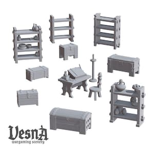 12 st medeltida möbler för 28 mm/32 mm DnD Dungeons and Dragons DnD Scatter Terrain lägerdelar hyllor skrivbord keramik kista miniatyr - VS