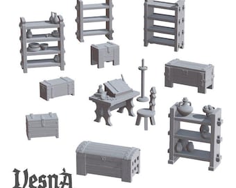 12 pc Medieval Furniture for 28mm/32mm  DnD Dungeons and Dragons DnD Scatter Terrain Camp Pieces  Shelves Desk pottery Chest Miniature - VS