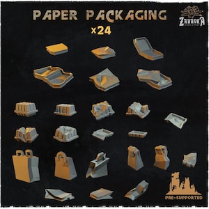May include: A set of 24 pre-supported 3D printed paper packaging models. The models are in various shapes and sizes, including boxes, bags, and trays. The models are printed in a light gray color and are ready to be painted.