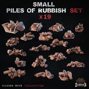 May include: A set of 19 small piles of rubbish, made of plastic and metal, for use in tabletop gaming. The piles are brown and gray and are arranged in a grid pattern on a dark background. The text "SMALL PILES OF RUBBISH SET x19" is at the top of the image.