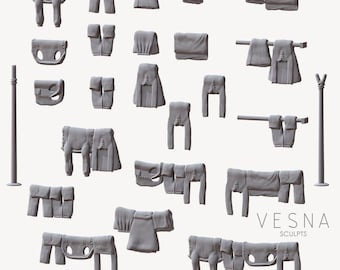 13pc Hanging Laundry Miniatures 28mm/32mmDnD Dungeons and Dragons DnD Scatter Terrain Clothes Pants Diorama Scene  - VS