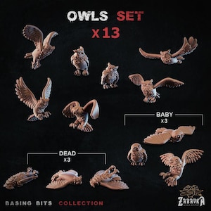 May include: A set of 13 miniature owl figurines for tabletop gaming. The set includes owls in various poses, including flying, perched, and dead. The set is labelled "Owls Set x13".