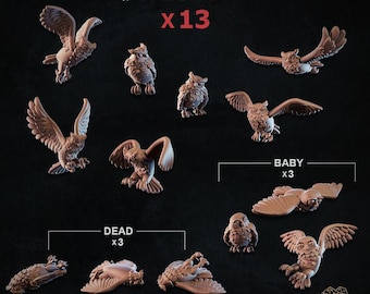 13pc Owls Set Miniature DnD Dungeons and Dragons 28mm/32mm TTRPG Scatter Scenery Fantasy Forest Scenery Basing Bits Basing materialsZbW