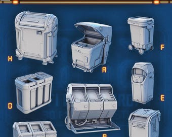Sci-fi Trash cans for Dungeons and Dragons 28mm/32mm Basing Bits DnD D&D TTRPG Mini Basing Material Futuristic Street Scatter Scenery - STL