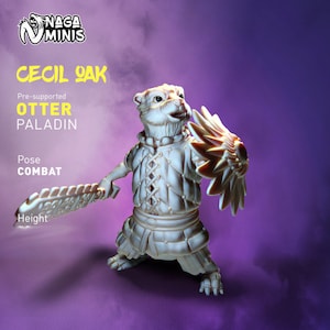 May include: A white 3D printed miniature of an otter paladin in a combat pose. The otter is wearing armor and holding a sword and shield. The miniature is pre-supported and is part of the Cecil Oak collection.