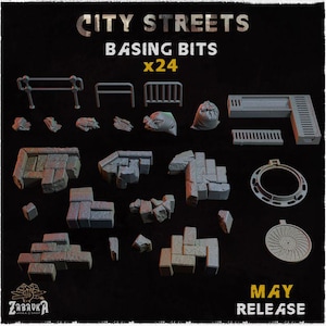 May include: A set of 24 grey plastic city street basing bits for miniature wargaming. The set includes various shapes and sizes of street furniture, debris, and rubble. The set is labeled "City Streets Basing Bits x24".