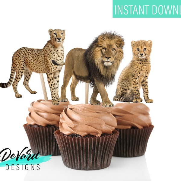 Wild Cat Cupcake Toppers- Cake Decorations- Set of 15 Cat Toppers+ Mini Toppers - Birthday Party Decorations