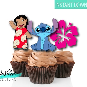 Lilo and Stitch Printable Cupcake Topper-Favor Tags- Set of 15 Cupcake Toppers + Set of Mini Toppers - Pool Summer Hawaiian Decor