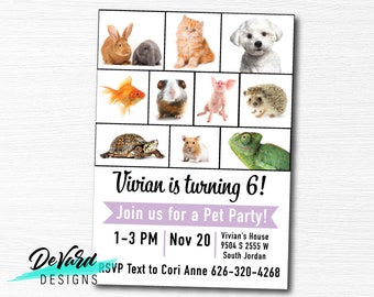 May include: Invitation to a pet party for a child turning 6. The invitation features a collage of various animals, including a rabbit, cat, dog, goldfish, guinea pig, pig, hedgehog, turtle, hamster, and chameleon. The text reads "Vivian is turning 6! Join us for a Pet Party! 1-3 PM | Nov 20 Vivian's House 9504 S 2555 W South Jordan RSVP Text to Cori Anne 626-320-4268"