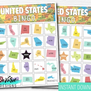 Vereinigte Staaten von Amerika Bingospiel - Set mit 15 Karten + Visitenkarten - Grundschule-Heimschule - Lerne Zustandsgeographie-Aktivität