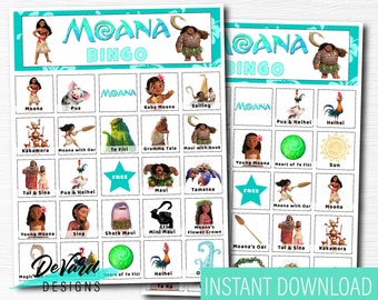 Moana Tropical Bingo Game-Set of 15 Cards - Birthday Party Activity- Pool, Tropical Beach Party