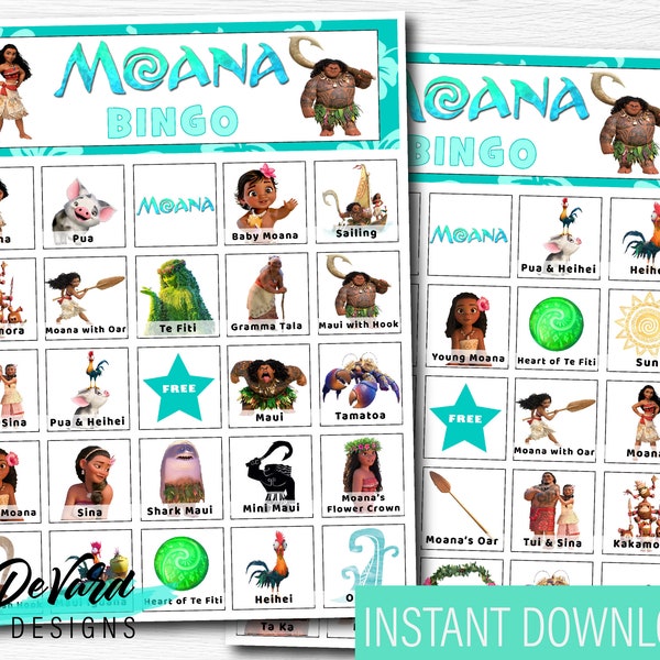 Moana Tropical Bingo Game-Set of 15 Cards - Birthday Party Activity- Pool, Tropical Beach Party