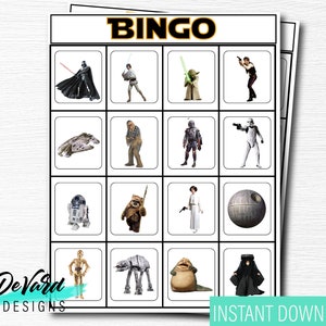 Star Wars Bingo Game-Set of 15 Cards - Birthday Party Activity- Space Game- Like Yoda Vader R2-D2 Obi Wan Leia