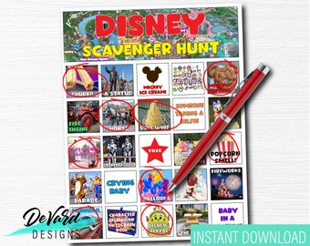 DisneyLand DisneyWorld Scavenger Hunt Bingo Game- Look & Find Activity- 12 Unique Cards - Fun Family Game- Birthday Party