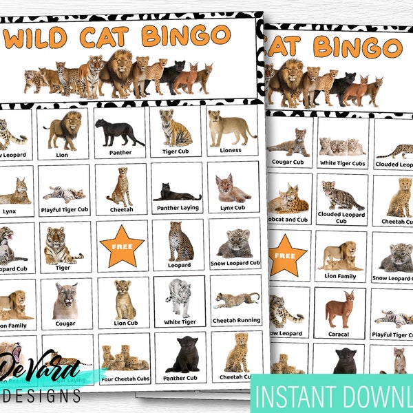 Wild Cat Bingo Game- Set of 15 Cards + Call Cards - Kids Birthday Party- Lion, Tiger Cheetah, Leopard Animal Lover Party Activity