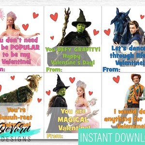 Mágico de Oz - Cartões Wicked Valentines - Conjunto de 6 cartões - Atividade escolar em sala de aula - Cartões de distribuição de filmes musicais