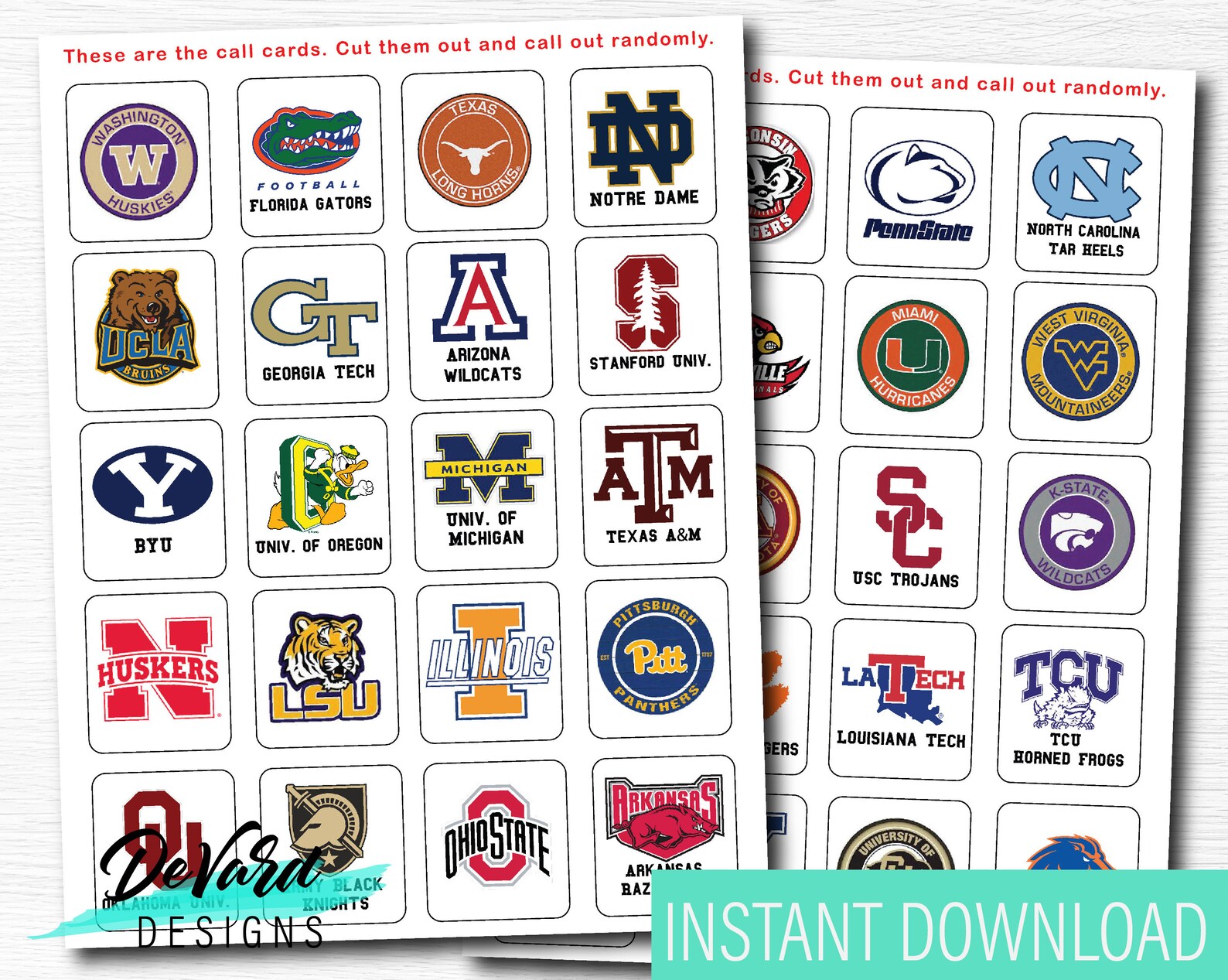 College Football Team Bingo Game-set of 15 Cards Birthday Party