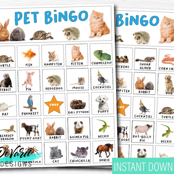 Pet Animal Bingo Game- Set of 15 Cards + Call Cards - Kids Birthday Party- Animal Rescue, Pet Lover Party Activity, Dogs & Cats