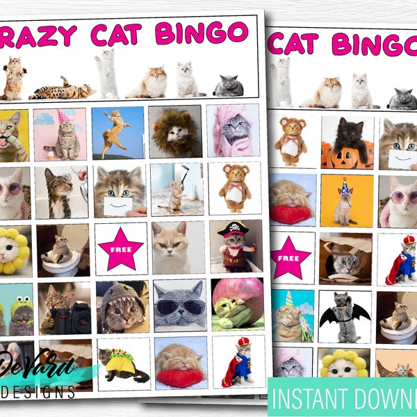 Crazy Cat Animal Bingo Game- Set of 15 Cards + Call Cards - Kids Birthday Party- Funny Kitten- Pet Lover Party Activity, Meme Game