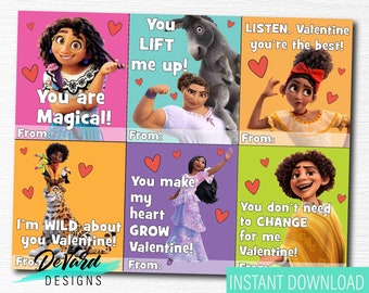 May include: Nine printable Valentine's Day cards featuring characters from the animated film "Encanto". Each card has a different message and character. The cards are pink, purple, green, and yellow.