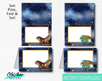 Tarjetas de comida para cumpleaños de dragón: decoraciones imprimibles para fiestas (descarga digital)
