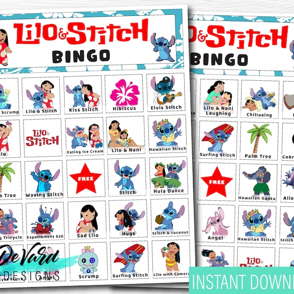 Lilo and Stitch Hawaiian Bingo Game-Set of 15 Cards - Birthday Party Activity- Pool, Tropical Beach Party