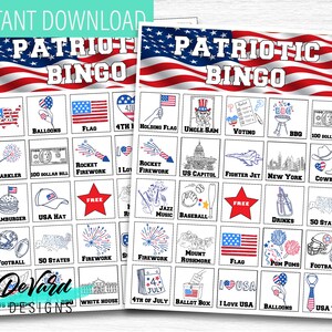Patriottisch bingospel - Set van 15 kaarten + belkaarten - 4 juli-feest - USA Americana-thema, BBQ, Memorial Day, Labor Day, Veterans Day