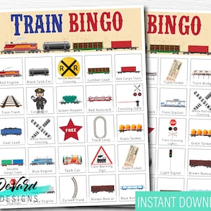 Juego de Bingo de Trenes - Juego de 15 Cartones + Tarjetas de Llamada - Fiesta de Cumpleaños Infantil - Transporte de Vehículos de Tren, Actividad de Conductor de Billetes de Ferrocarril